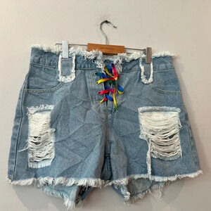 SHEIN Denim Shorts | Cut Off Distressed Rainbow Lace Up Pride | Size  31